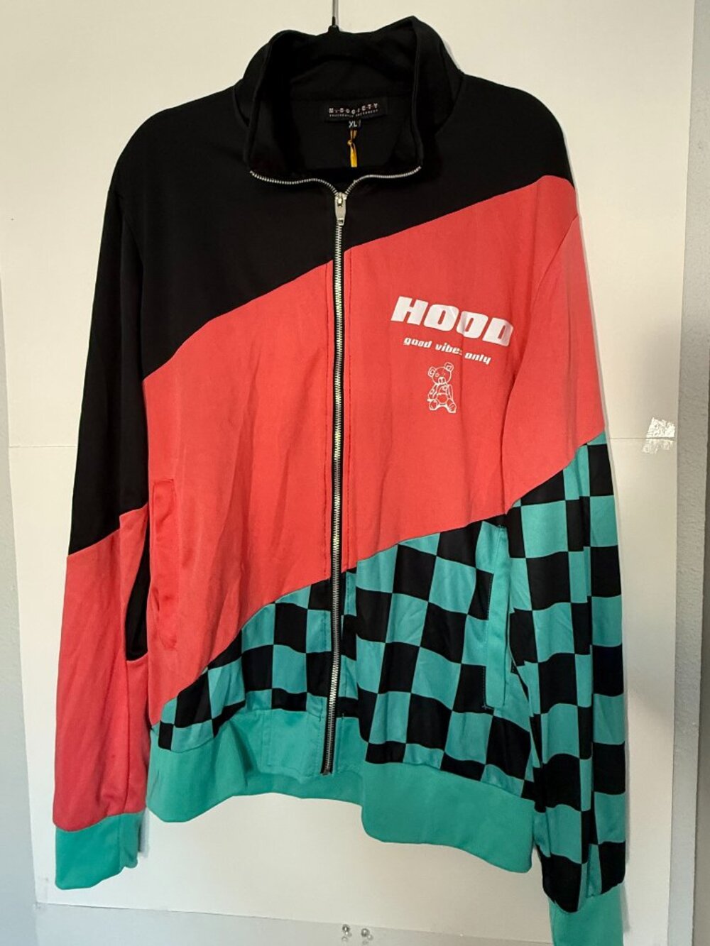 HOOD Streetwear Zip Jacket Mens XL Colorblock Graphic Checker Y2K Full Zip NWT